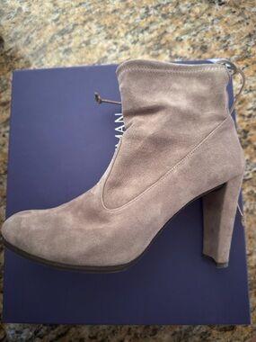 Stuart Weitzman Taupe Suede Ankle Boot with Block Heel